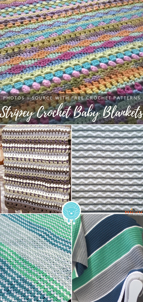 A collage of striped crochet baby blankets.