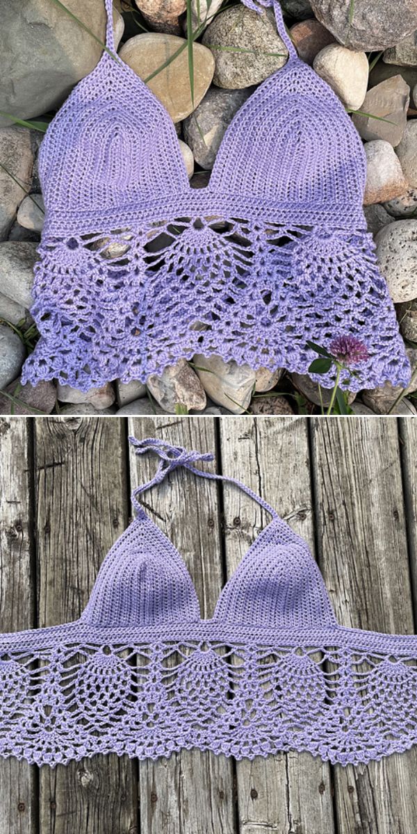 A lavender crochet crop top featuring solid cups and an intricate openwork lace pattern along the bottom edge, shown on rocks and wooden boards.