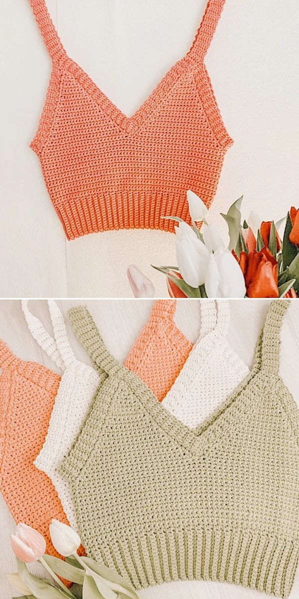 Two images of crochet crop tops in pink, white, and green displayed flat on a light surface with a bouquet of tulips beside them.