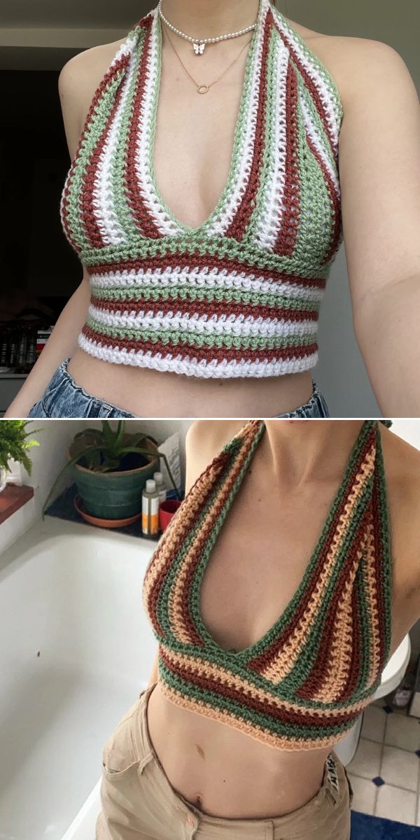 Two images showing a person wearing a handmade, striped crochet crop top in green, white, brown, and rust. The top features a deep V neckline for a stylish, summery look.