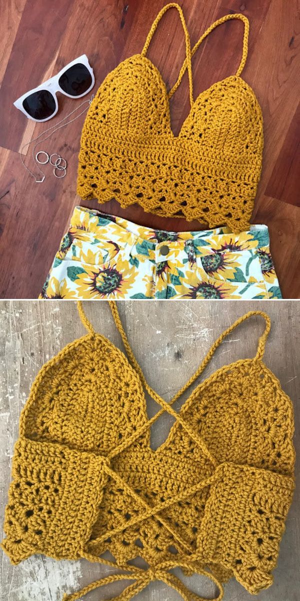 Two images of a mustard yellow crochet crop top with a scalloped edge, spaghetti straps, and a crisscross lace-up back, styled with sunflower shorts, sunglasses, and jewelry.