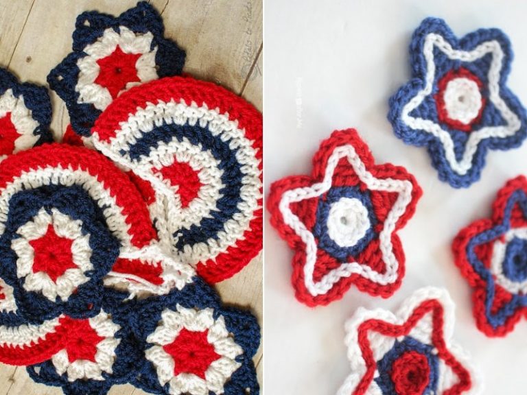Patriotic crochet coasters with red, white, and blue stars for 4th of July.
