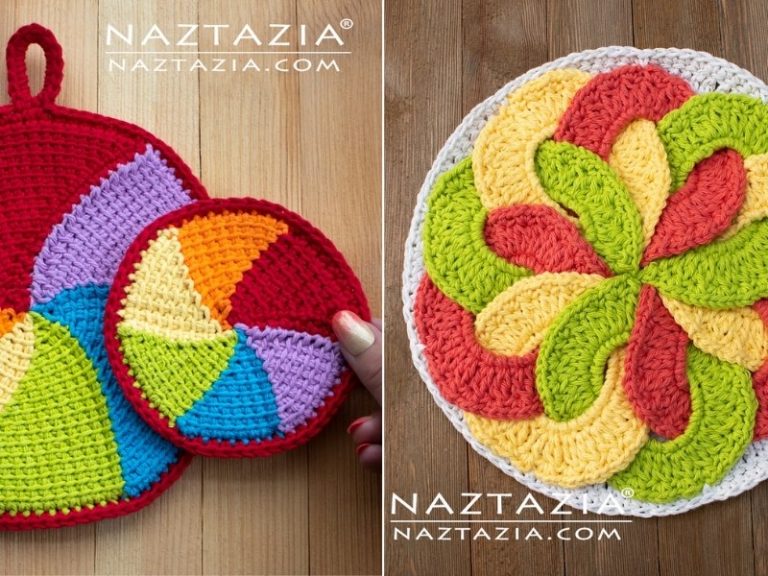Two patterns for colorful crocheted pot holders.