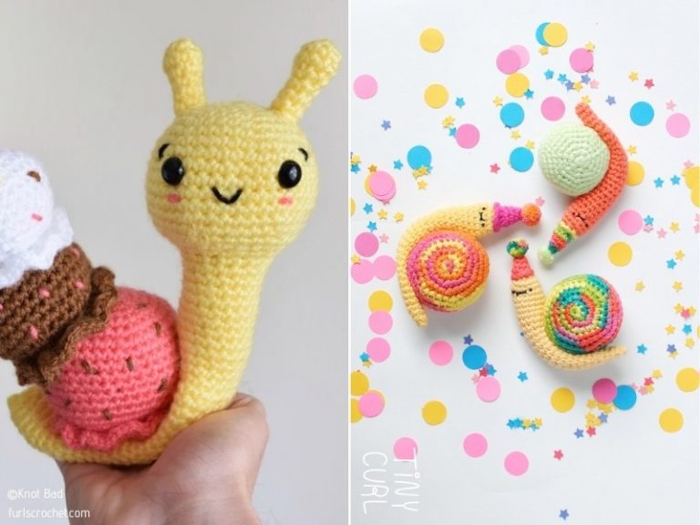 Two amigurumi - a snail and an ice cream cone.
