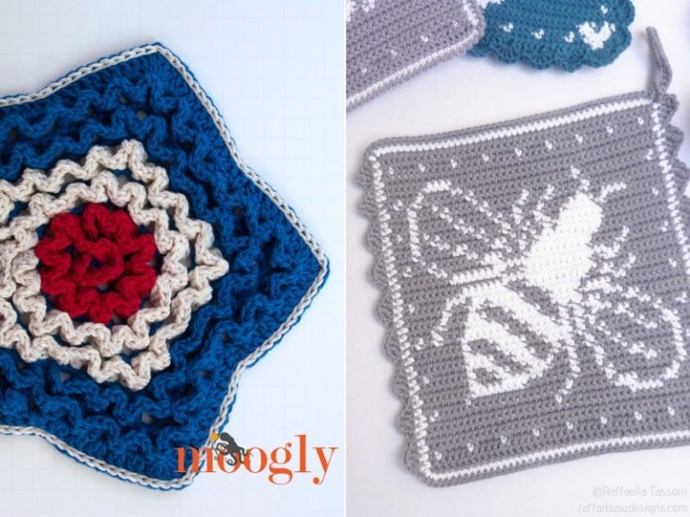 Two pictures of crocheted potholders with bees on them.