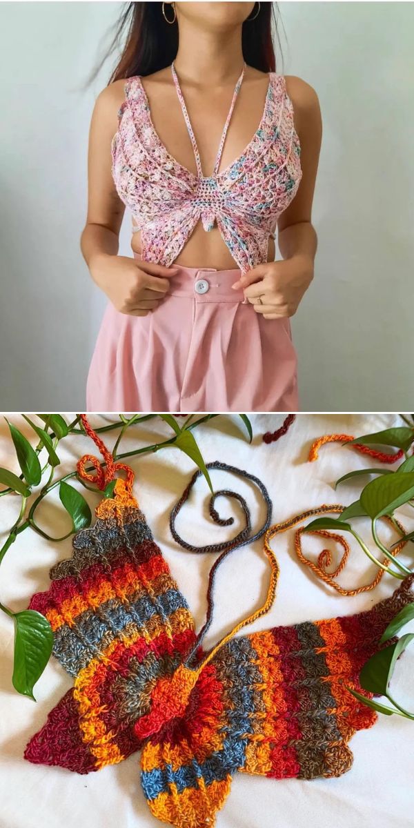 Top: Person wearing a pink crochet crop top and pink pants. Bottom: Crocheted fabric pieces in red, orange, and brown tones laid out with yarn and leaves.