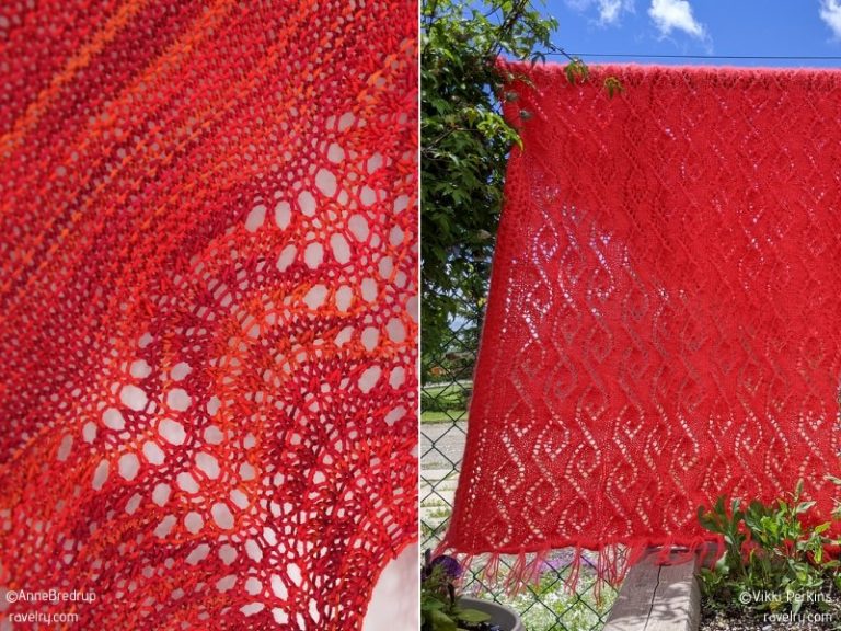 Two pictures of knitted shawls hanging on a fence.