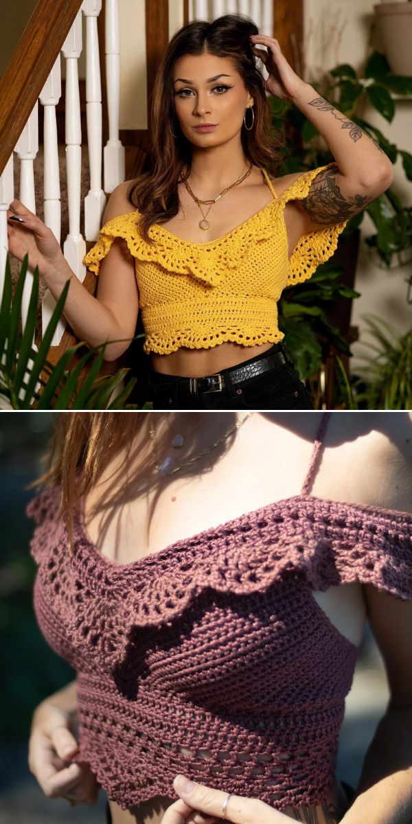 Top image shows a woman wearing a yellow crochet crop top with ruffles; bottom image is a close-up of a mauve crocheted ruffle crop top on a person.