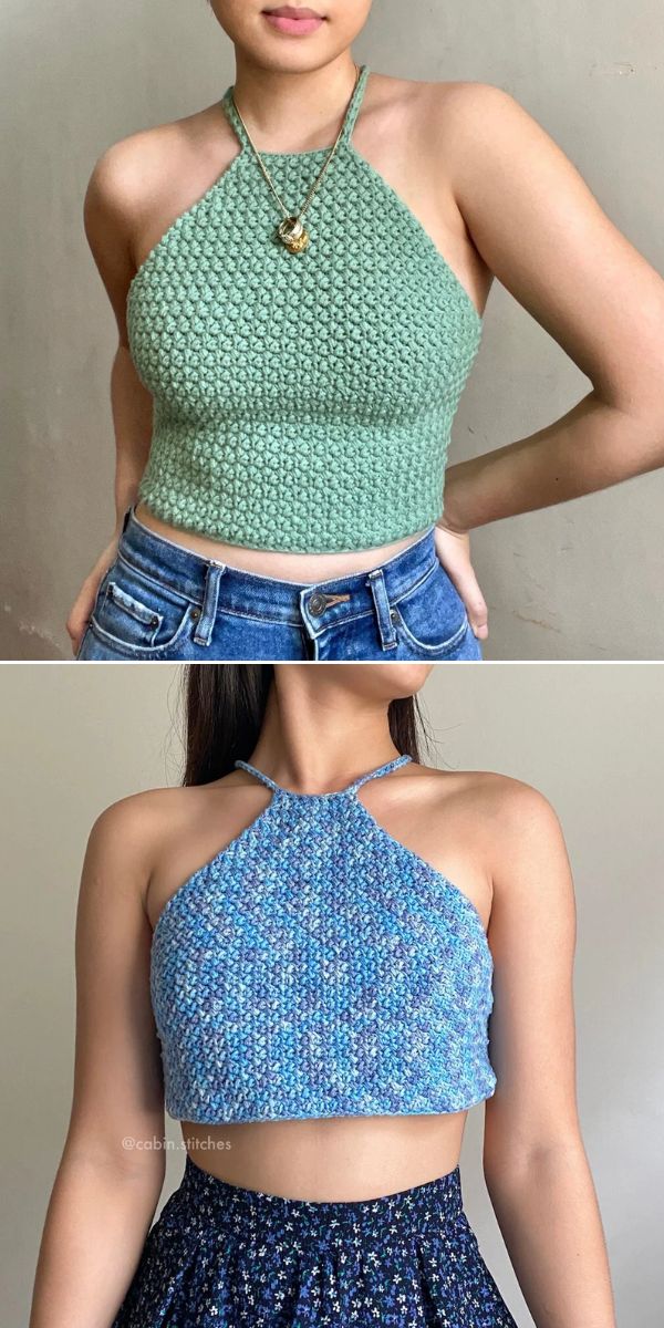 Two women wear crochet crop tops: the top image features a green crochet crop top with blue jeans, while the bottom showcases a blue one paired with a patterned dark blue skirt.