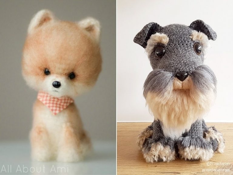 Two pictures of a crochet dog and a teddy bear.