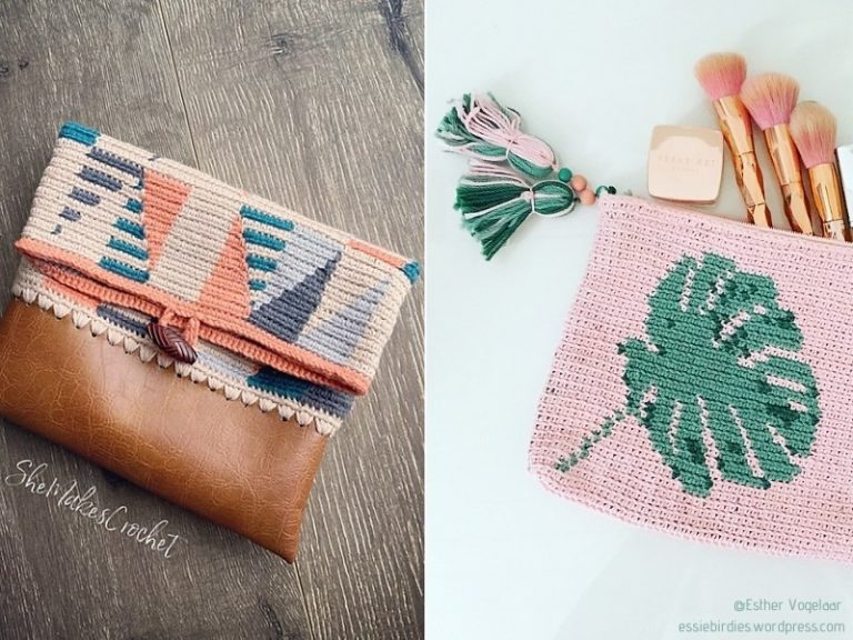Two pictures of a crocheted makeup bag with a tassel, showcasing trendy crochet pouches patterns.