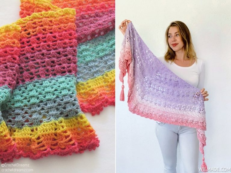 A woman is wearing a vibrant crocheted shawl.