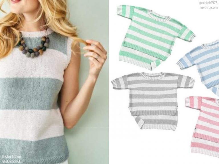 A woman is wearing a striped sweater.