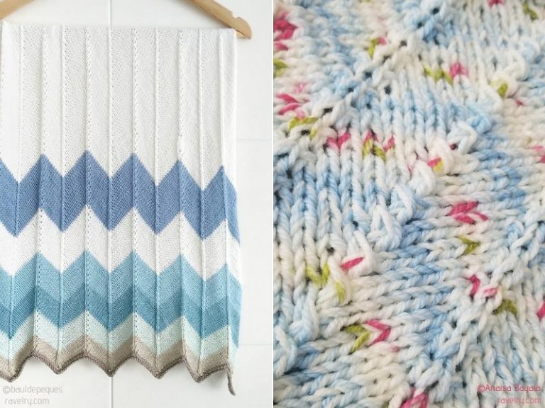 A blue and white chevron blanket hanging on a hanger.