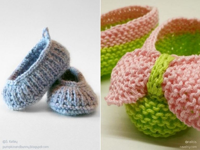 Knitted baby booties with bows.