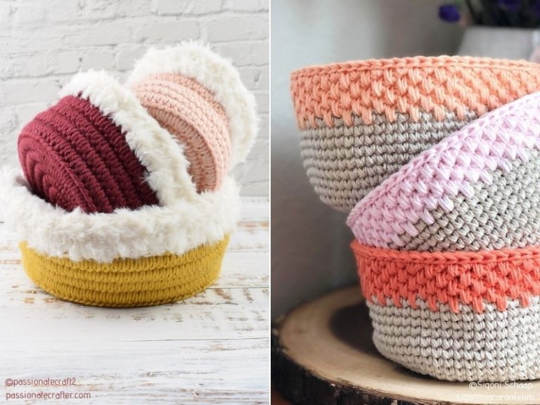 Crocheted storage baskets with free patterns.