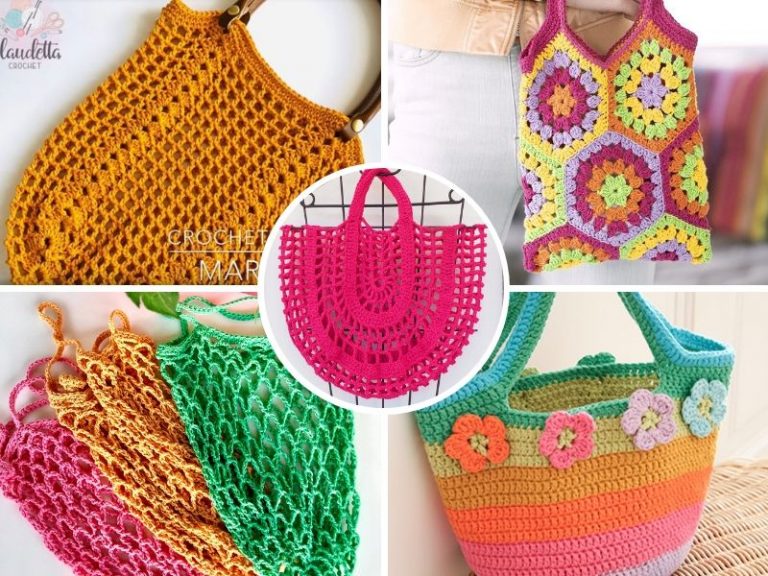 Crocheted market bags in different colors.