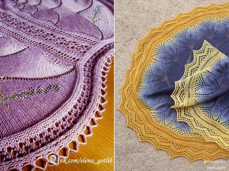 Lacy purple and yellow shawls with knitting patterns.