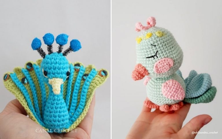 Crocheted amigurumi peacock and pattern.