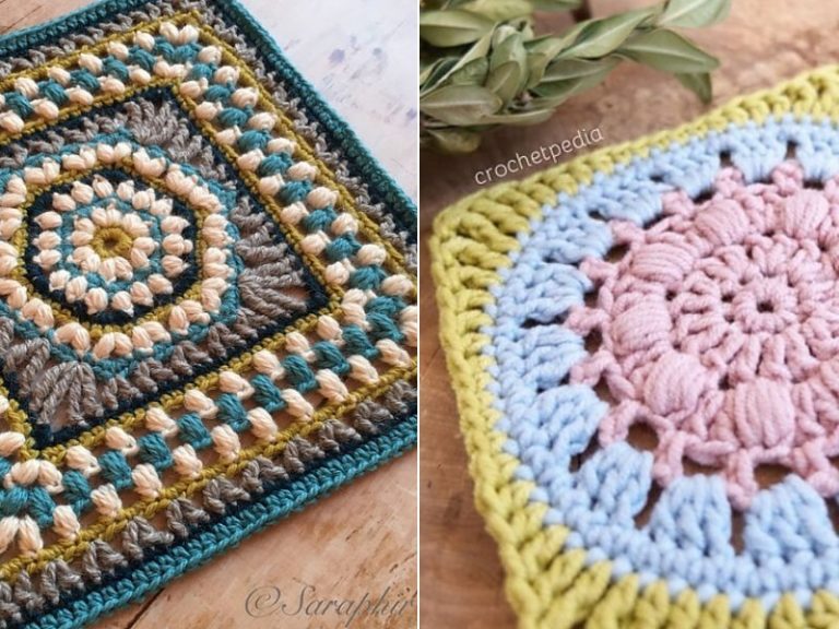 Two crocheted squares on a wooden table. (Keywords: Crochet Squares)