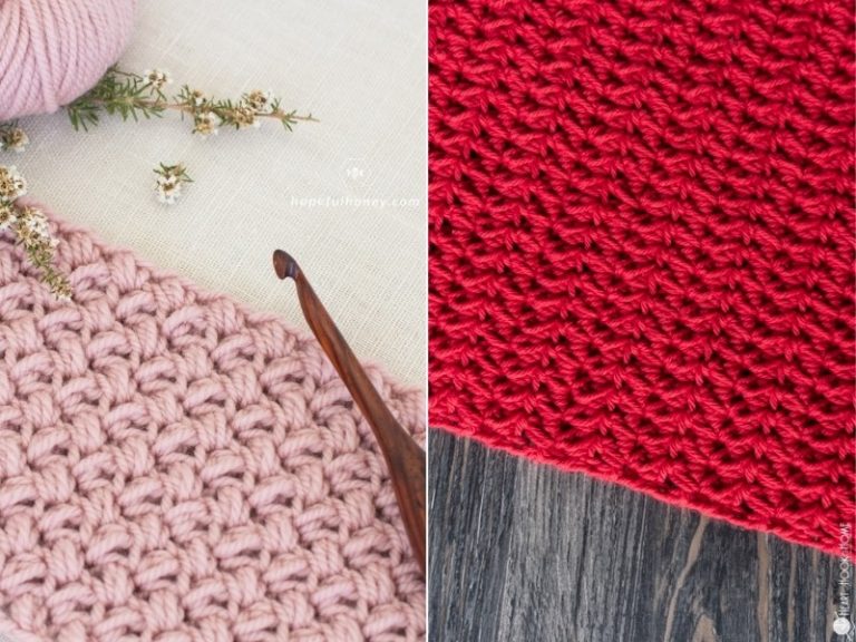 Two pictures of a crocheted blanket featuring unique crochet stitches.