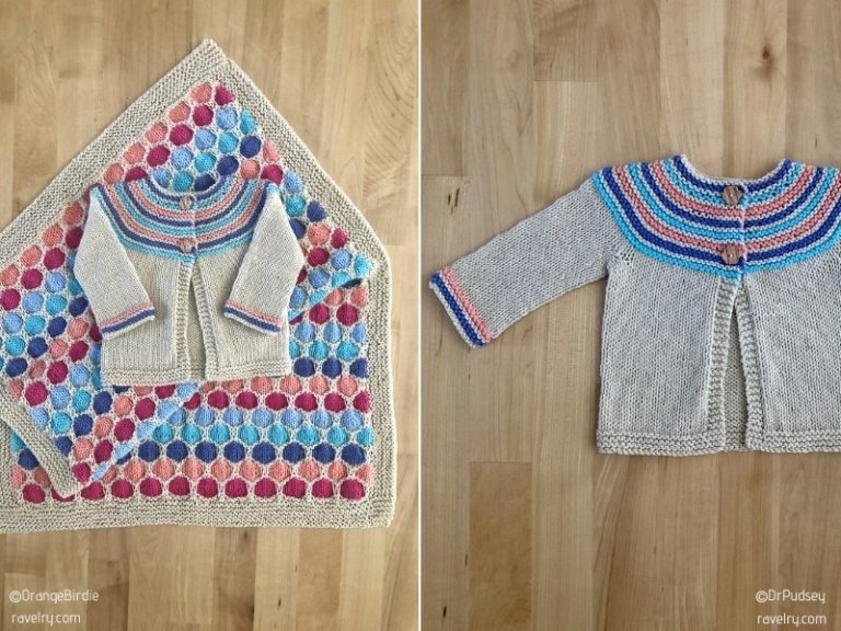 Two pictures of knitted baby cardigans on a wooden floor.