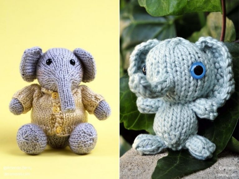 Two knitted elephant stuffed animals with blue eyes.