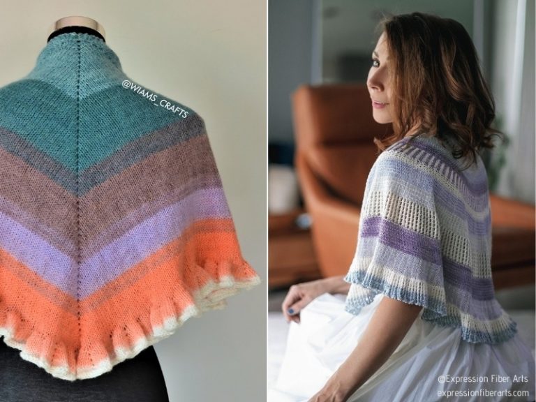 Two pictures of a woman wearing a colorful shawl showcasing Shawlettes Knitting Patterns.