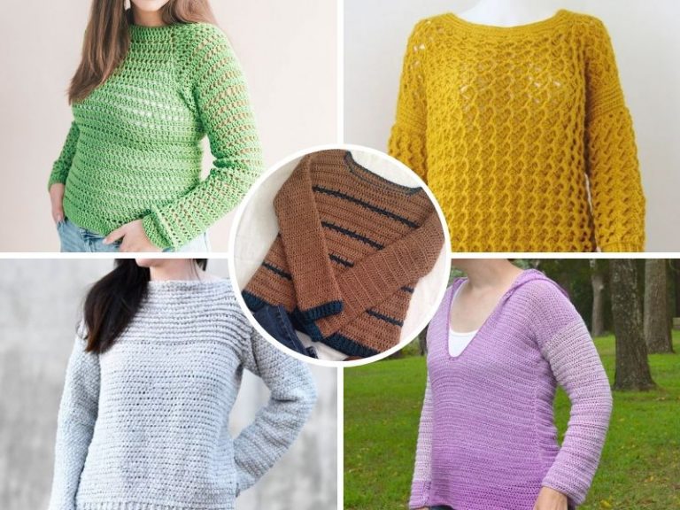 A collage of different crocheted sweaters.