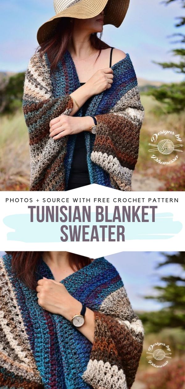 A photo of a woman wearing a tunisian blanket sweater.