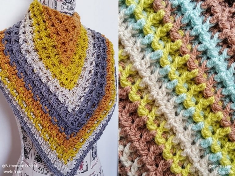 Two pictures of a crocheted shawl showcasing the waffle stitch.