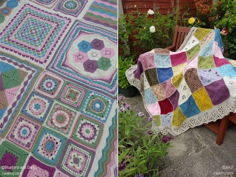 Two pictures of a crocheted afghan on a wooden bench, showcasing the cozy blanket.