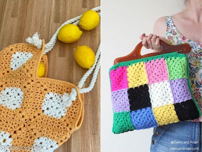 A woman is holding a Granny Square bag.