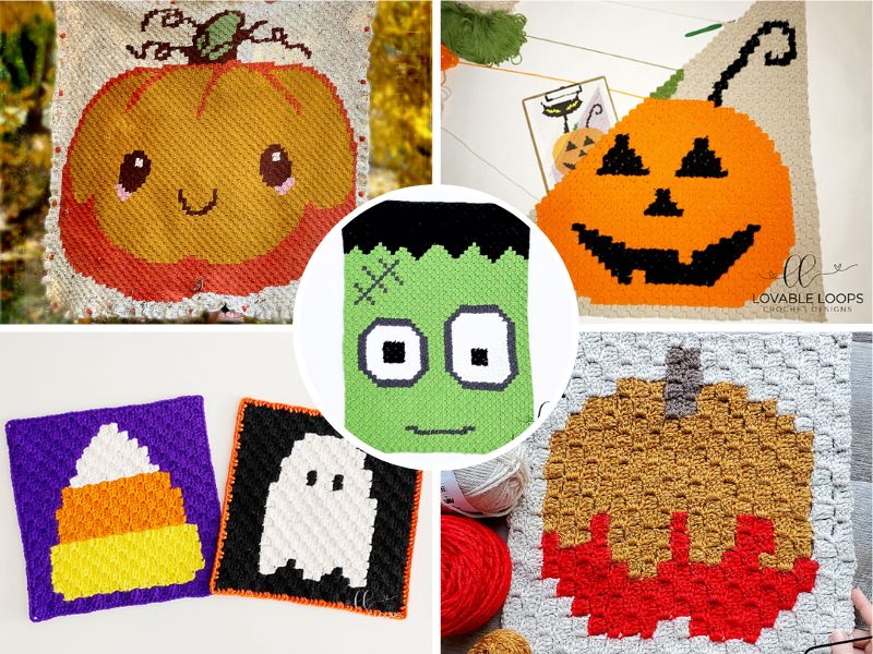 A collection of halloween crochet patterns for pumpkin c2c blankets and skeleton c2c blankets.