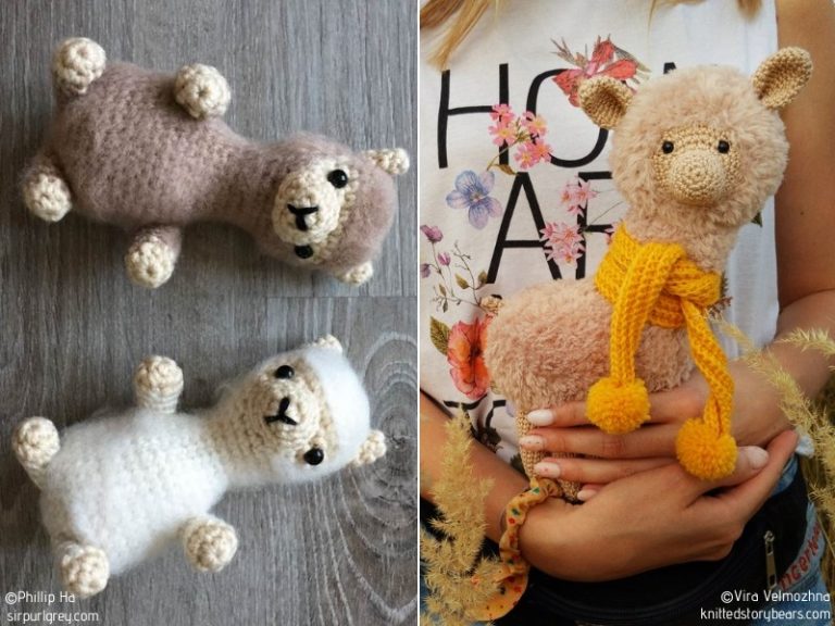 Two crocheted pictures of llamas.