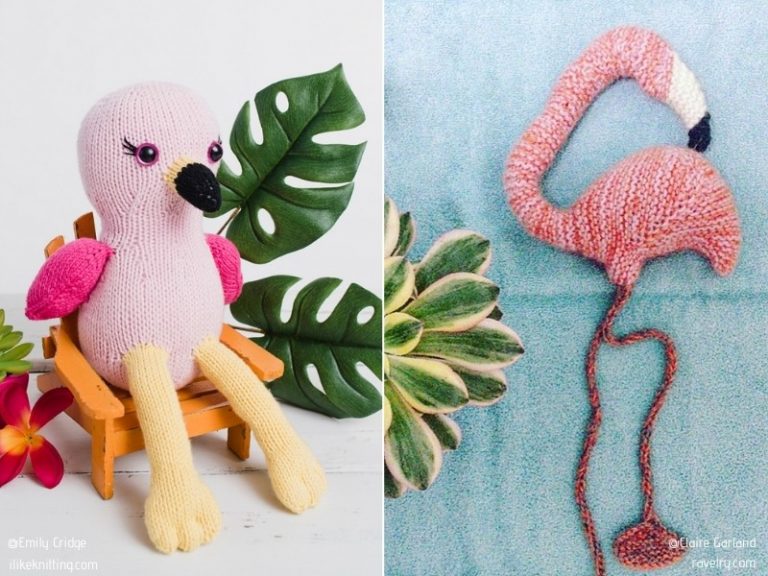 Two pictures of knitted flamingos.