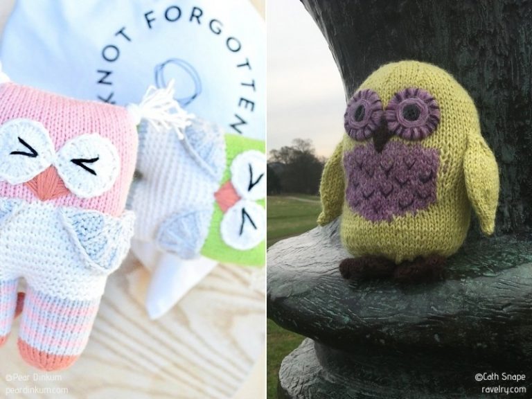 Two photos of adorable knitted owls perched on a pole.