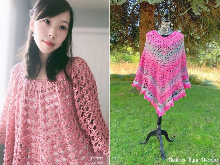A woman wearing a pink crochet poncho in two pictures.