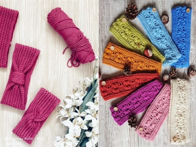 Crocheted ear warmers in different colors.