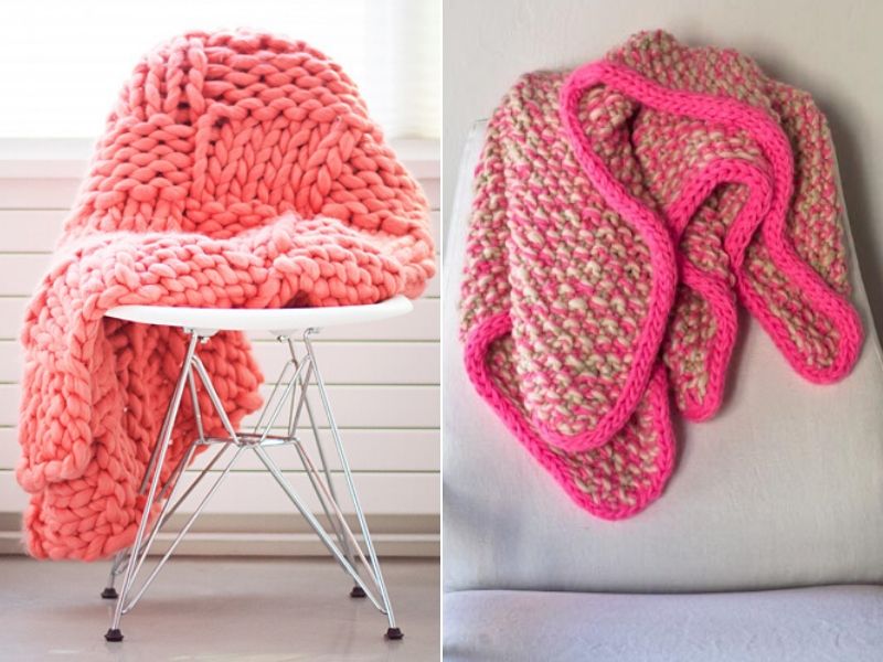 Two pictures of knitted blankets on a chair.