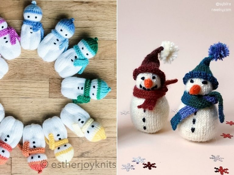 Two pictures of snowmen knitted in different colors.