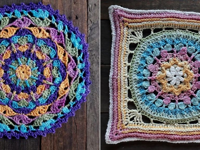 Two crocheted squares on a wooden table.
