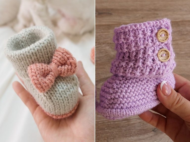A pair of knitted baby shoes with a bow on them.