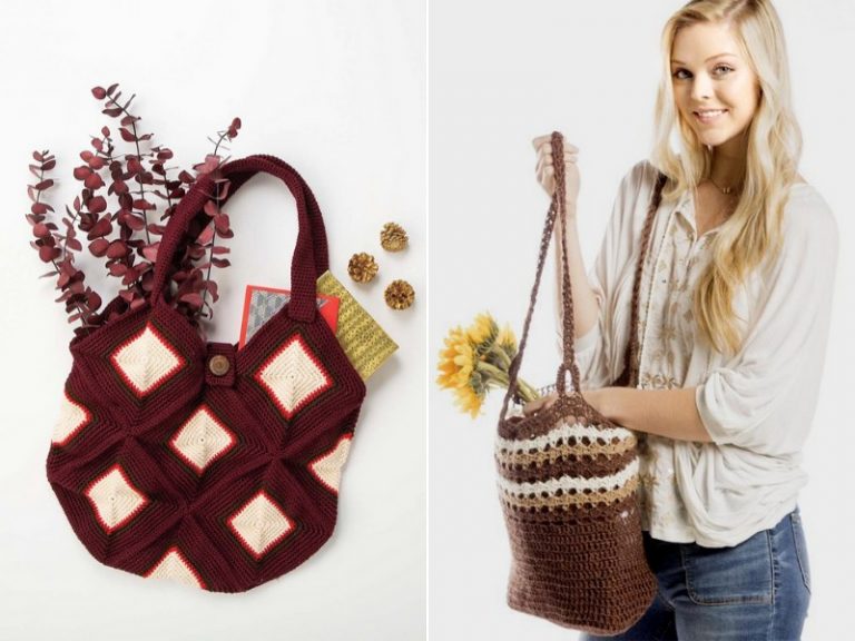 Two pictures of a woman holding a crocheted market bag.