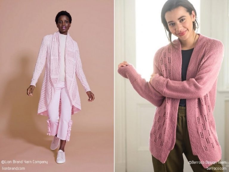Two pictures of a woman wearing a pink knitted cardigan and pants.