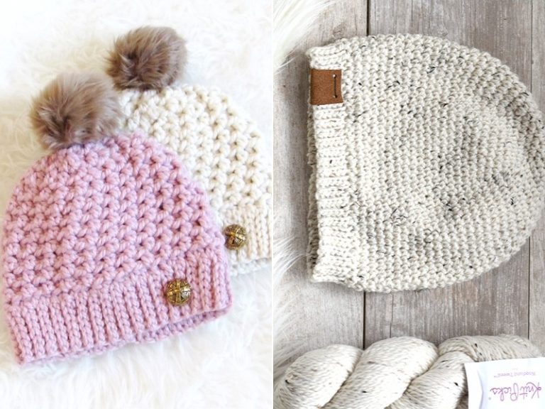 Two pictures of knitted beanie hats with pom poms.