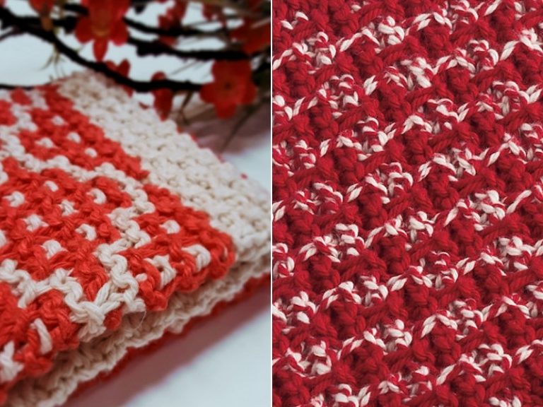 Two pictures of dishcloths in a red and white crochet pattern.