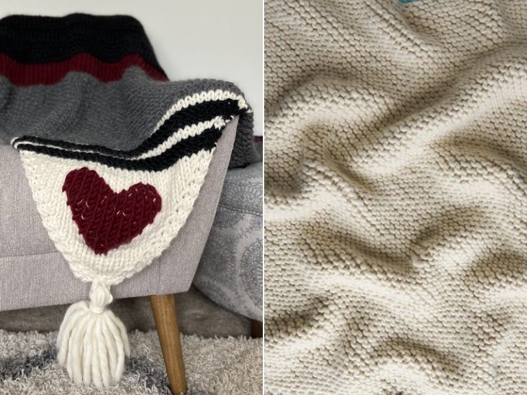 Two pictures of a knitted blanket with a heart pattern.