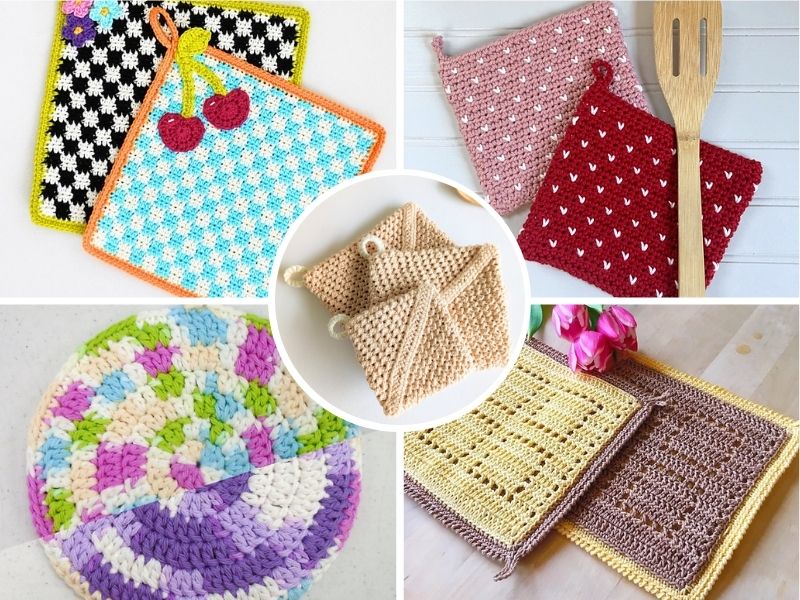 Collage showing colorful crochet pot holders