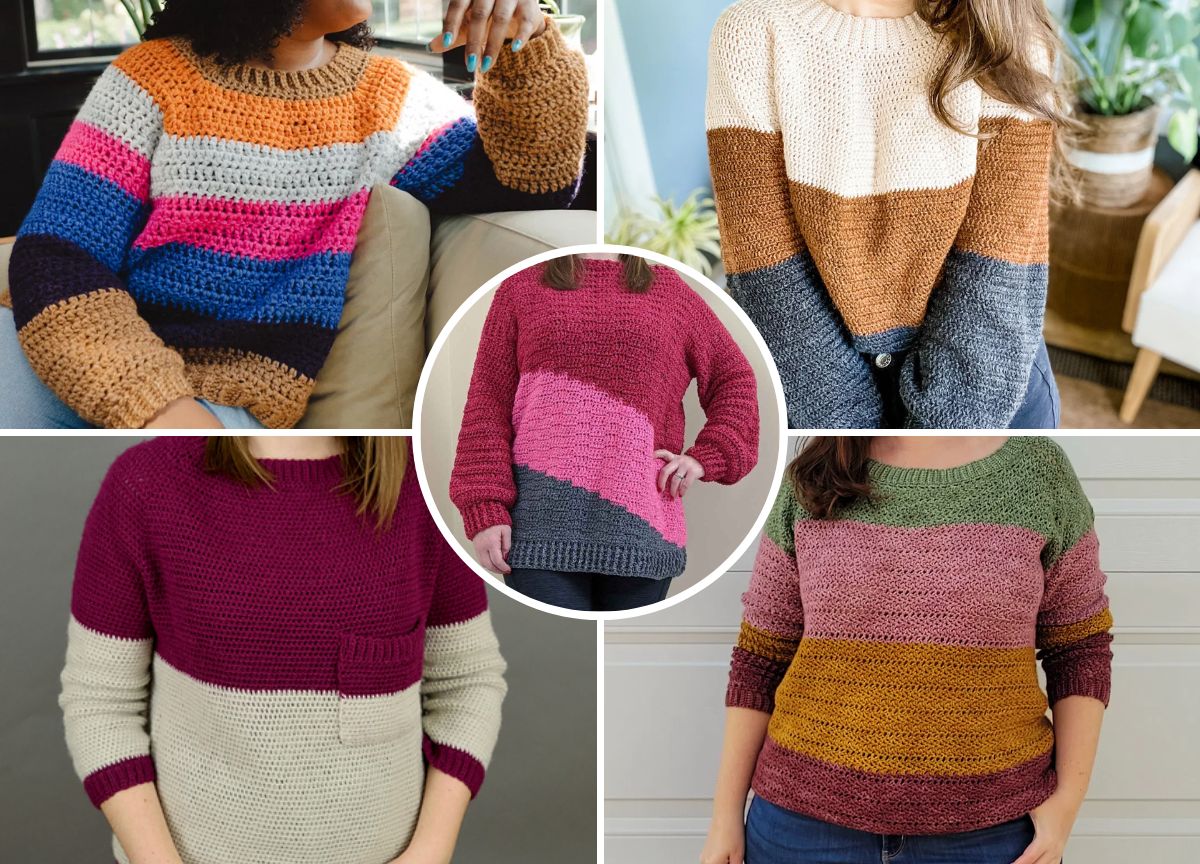 Collage of five color-block crochet sweaters in various shades, featuring patterns of stripes and blocks, displayed on mannequins and models.